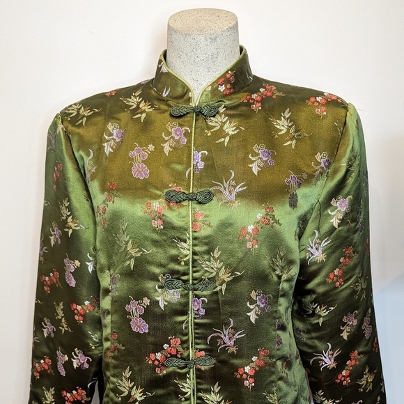 Vintage Green Satin Brocade Asian Jacket woman's  size XL - Picture 4 of 9